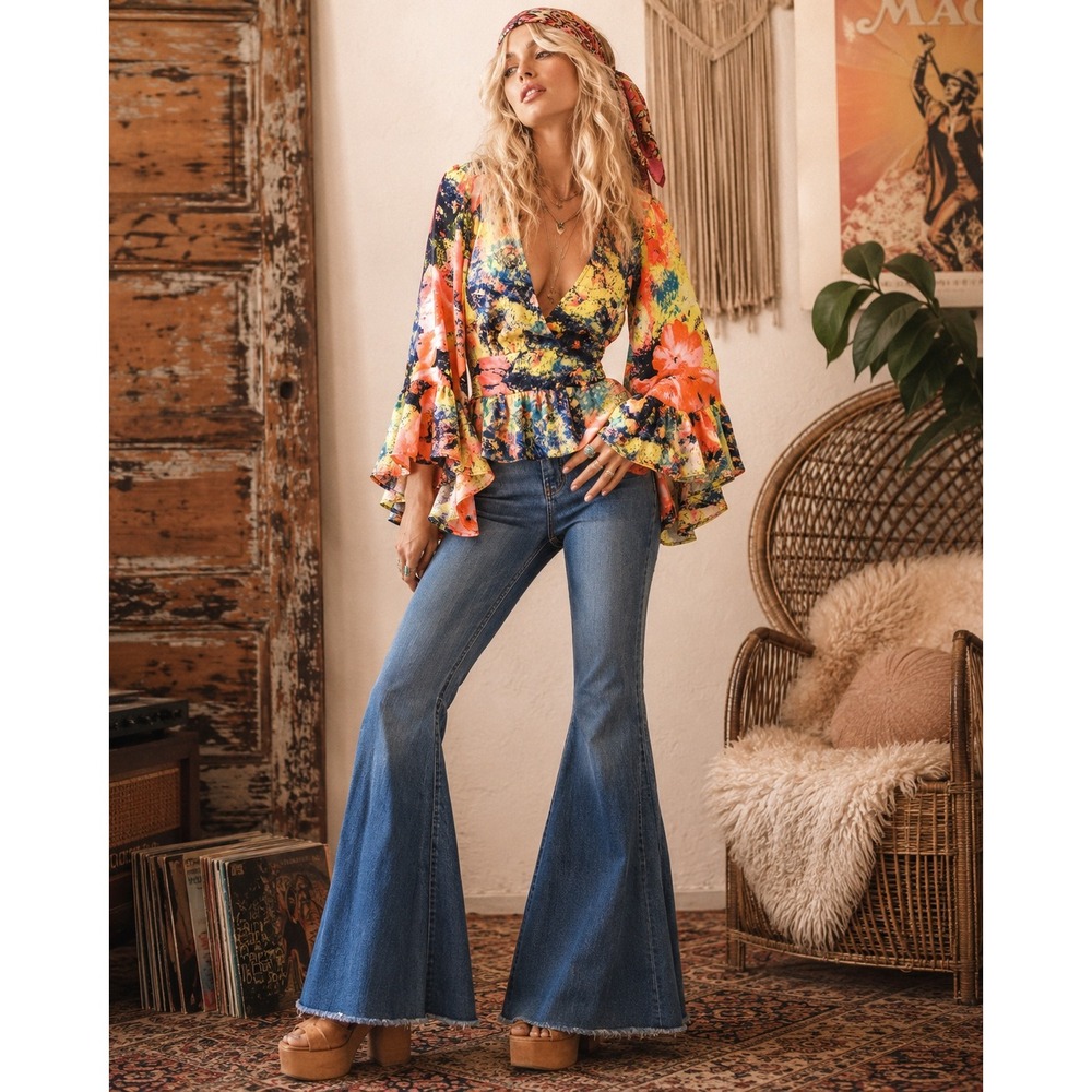 Vintage Betsey Johnson Floral Bell Sleeve Wrap Top Boho V-Neck Large